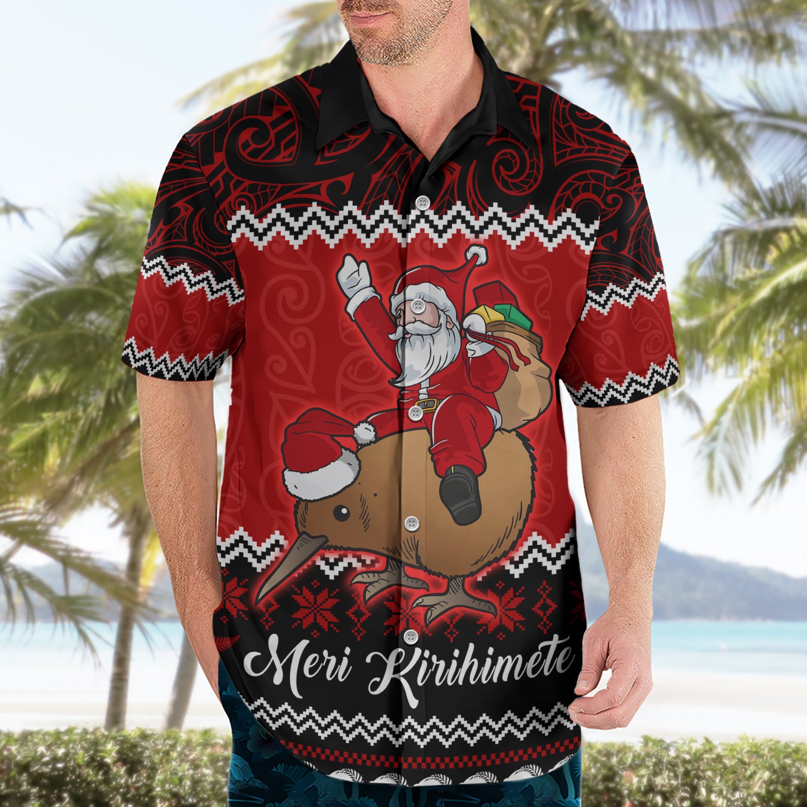Personalised New Zealand Christmas Hawaiian Shirt Kiwi Santa Claus Maori Meri Kirihimete - Vibe Hoodie Shop