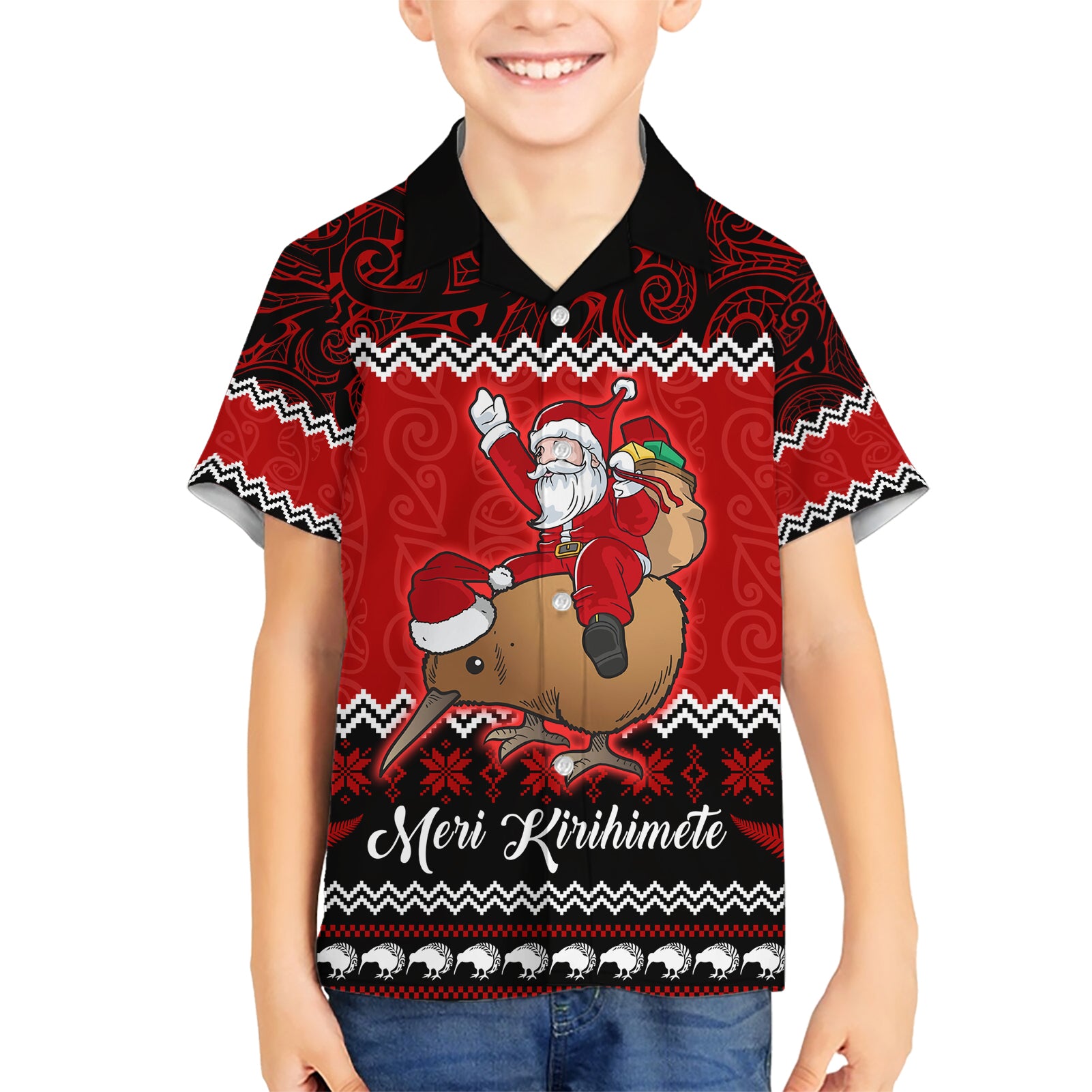 Personalised New Zealand Christmas Hawaiian Shirt Kiwi Santa Claus Maori Meri Kirihimete - Vibe Hoodie Shop