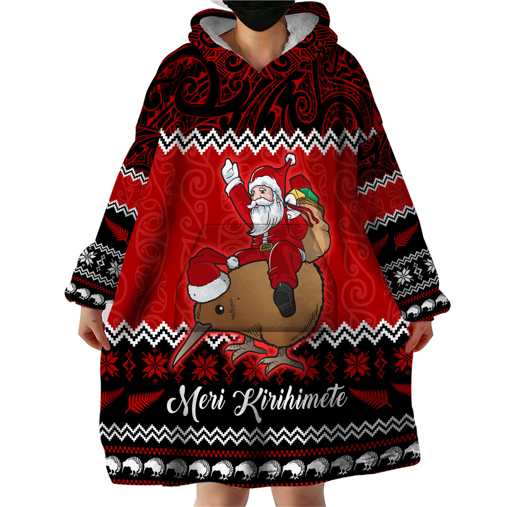 Personalised New Zealand Christmas Wearable Blanket Hoodie Kiwi Santa Claus Maori Meri Kirihimete - Vibe Hoodie Shop