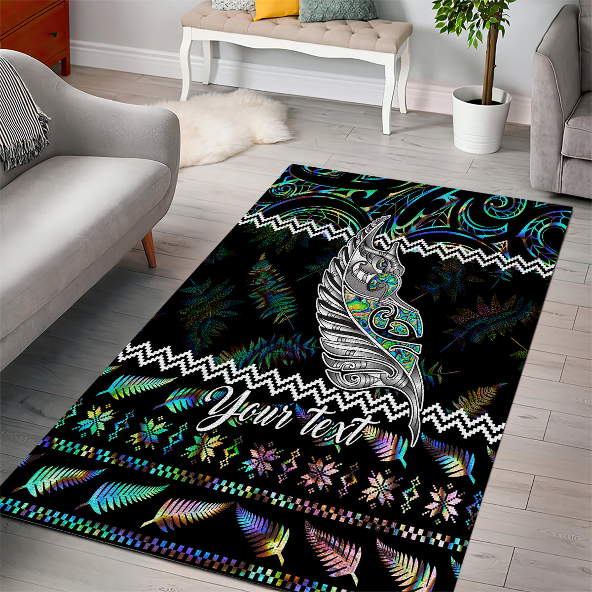 Personalised New Zealand Christmas Area Rug Maori Fern Manaia Meri Kirihimete with Papaua Shell - Vibe Hoodie Shop