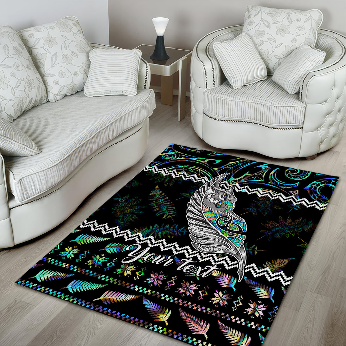 Personalised New Zealand Christmas Area Rug Maori Fern Manaia Meri Kirihimete with Papaua Shell - Vibe Hoodie Shop