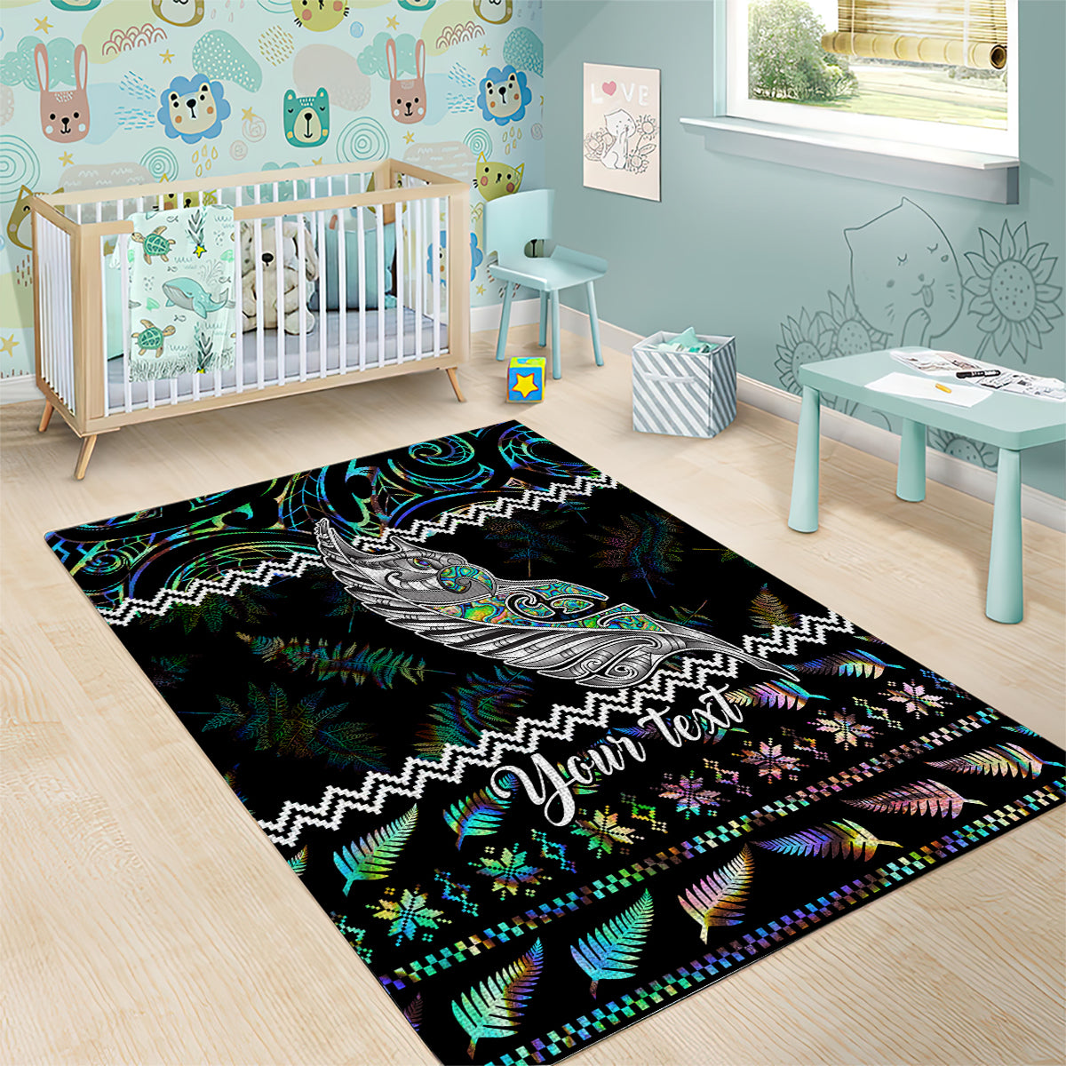 Personalised New Zealand Christmas Area Rug Maori Fern Manaia Meri Kirihimete with Papaua Shell - Vibe Hoodie Shop