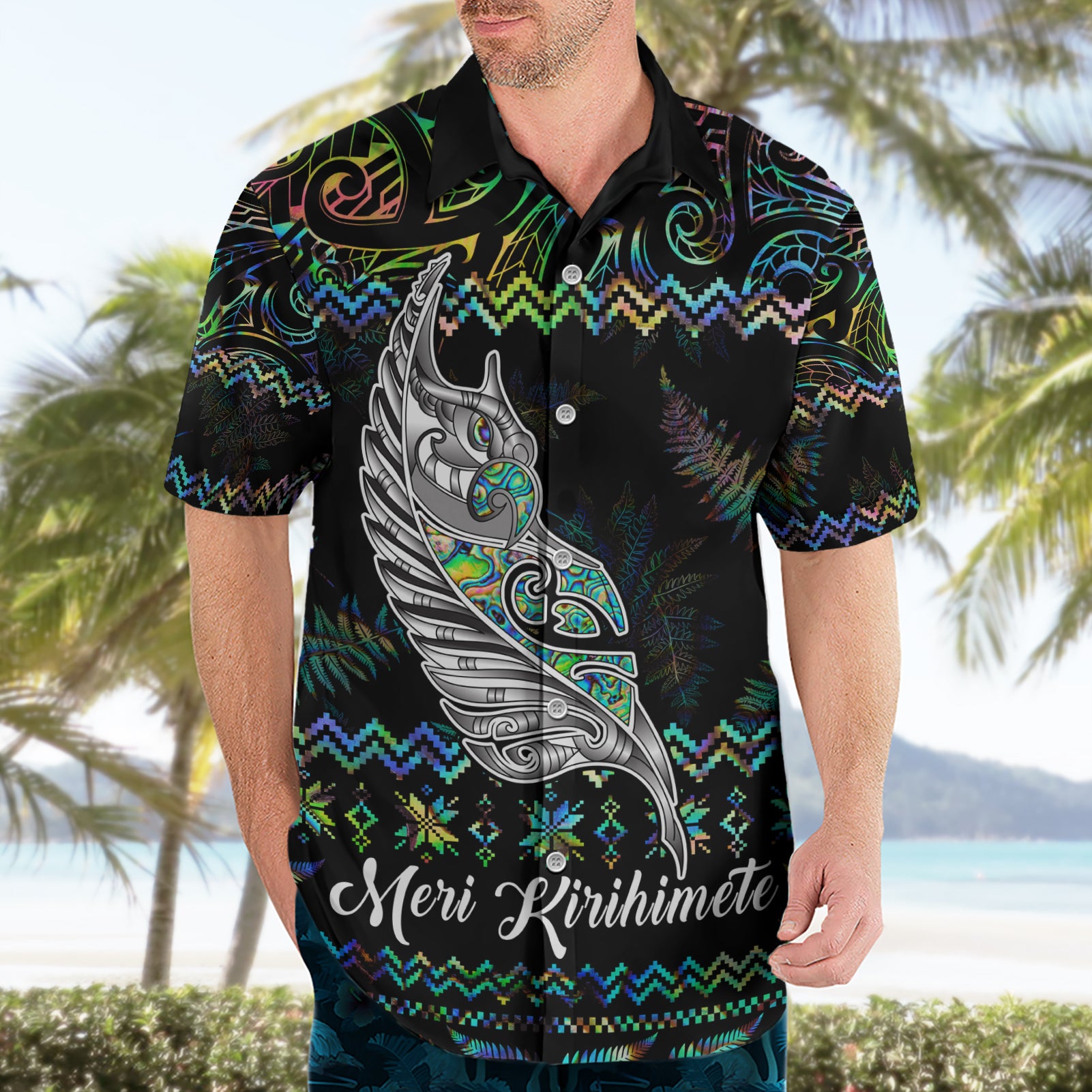 Personalised New Zealand Christmas Hawaiian Shirt Maori Fern Manaia Meri Kirihimete with Papaua Shell - Vibe Hoodie Shop