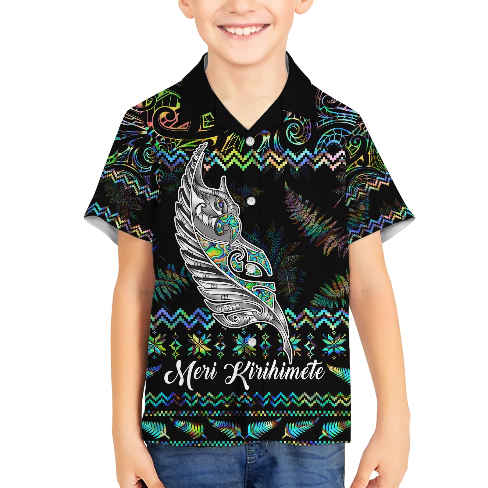 Personalised New Zealand Christmas Hawaiian Shirt Maori Fern Manaia Meri Kirihimete with Papaua Shell - Vibe Hoodie Shop