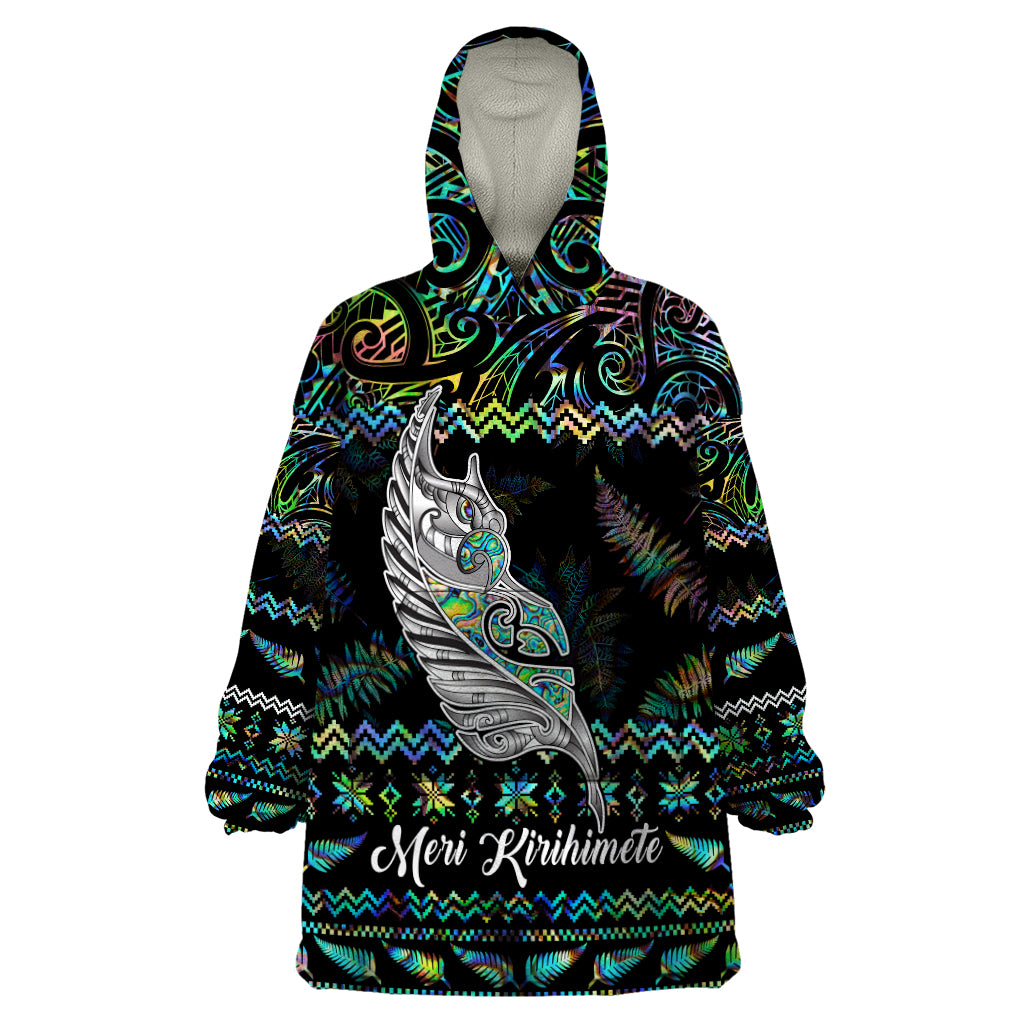 Personalised New Zealand Christmas Wearable Blanket Hoodie Maori Fern Manaia Meri Kirihimete with Papaua Shell - Vibe Hoodie Shop