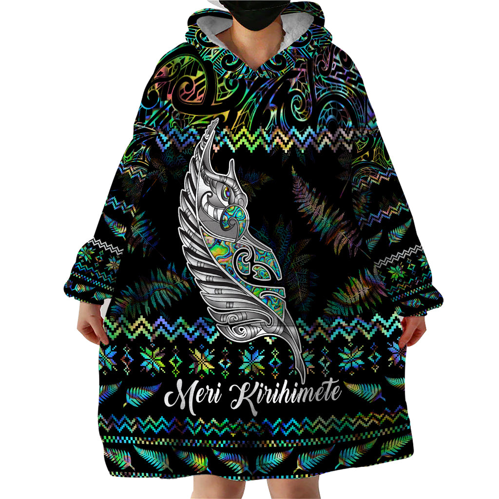 Personalised New Zealand Christmas Wearable Blanket Hoodie Maori Fern Manaia Meri Kirihimete with Papaua Shell - Vibe Hoodie Shop