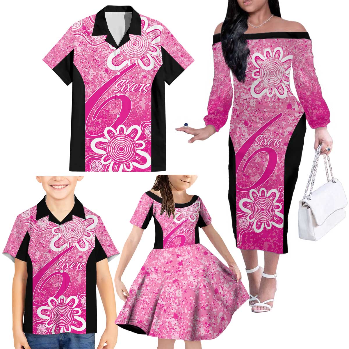 Australian Sixers Cricket Custom Family Matching Off The Shoulder Long Sleeve Dress and Hawaiian Shirt Minimalism Aboriginal