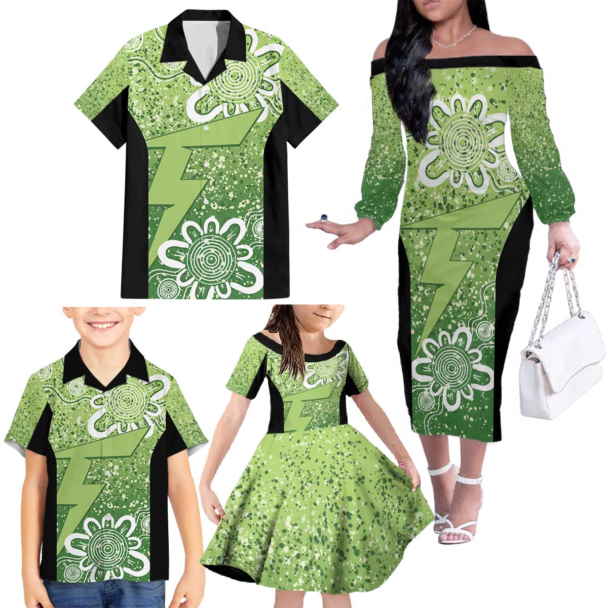 Australian Thunder Cricket Custom Family Matching Off The Shoulder Long Sleeve Dress and Hawaiian Shirt Minimalism Aboriginal