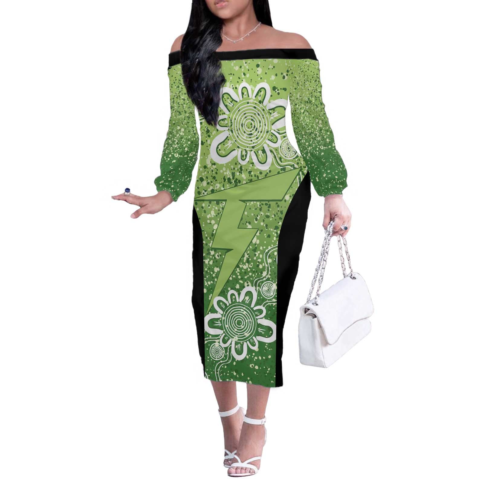 Australian Thunder Cricket Custom Off The Shoulder Long Sleeve Dress Minimalism Aboriginal