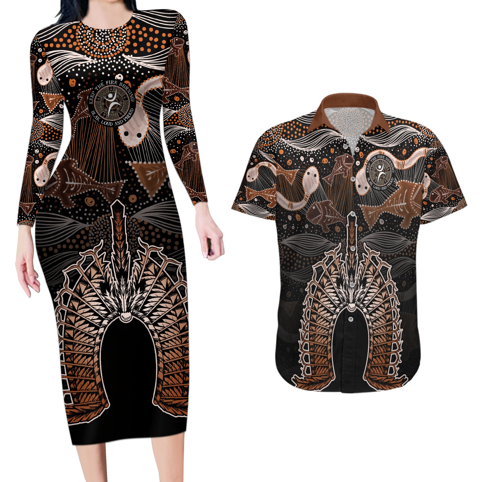 Torres Strait Islander NAIDOC 2024 Couples Matching Long Sleeve Bodycon Dress and Hawaiian Shirt Dhari Headdress Indigenous Cultural Spirit