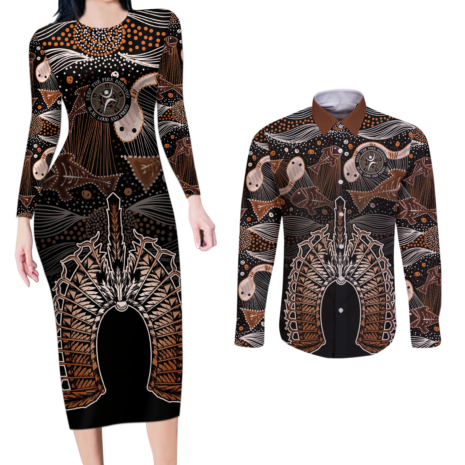 Torres Strait Islander NAIDOC 2024 Couples Matching Long Sleeve Bodycon Dress and Long Sleeve Button Shirt Dhari Headdress Indigenous Cultural Spirit