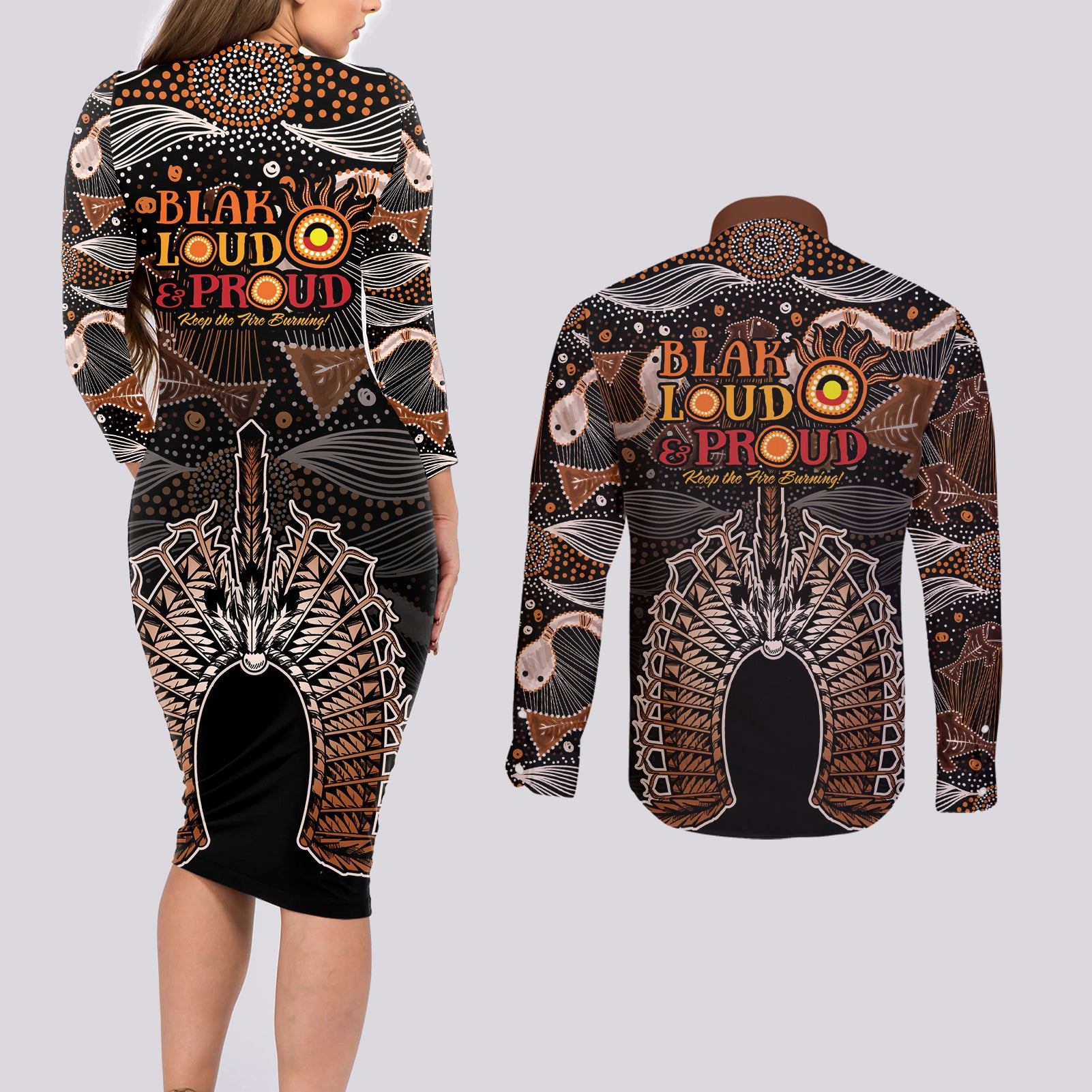 Torres Strait Islander NAIDOC 2024 Couples Matching Long Sleeve Bodycon Dress and Long Sleeve Button Shirt Dhari Headdress Indigenous Cultural Spirit