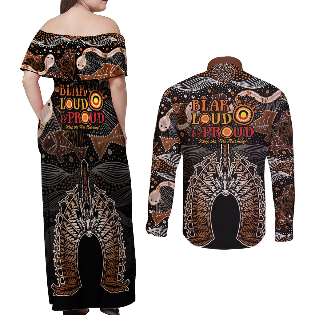 Torres Strait Islander NAIDOC 2024 Couples Matching Off Shoulder Maxi Dress and Long Sleeve Button Shirt Dhari Headdress Indigenous Cultural Spirit