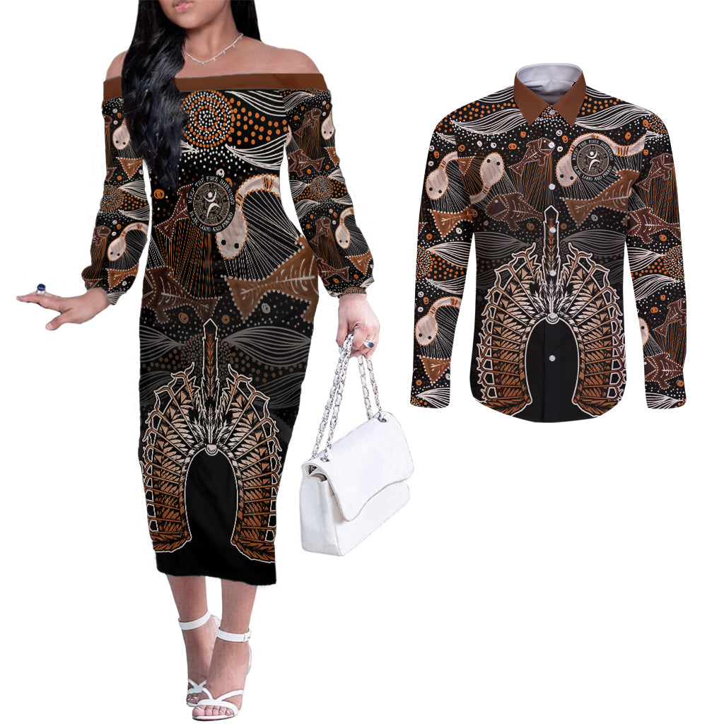 Torres Strait Islander NAIDOC 2024 Couples Matching Off The Shoulder Long Sleeve Dress and Long Sleeve Button Shirt Dhari Headdress Indigenous Cultural Spirit