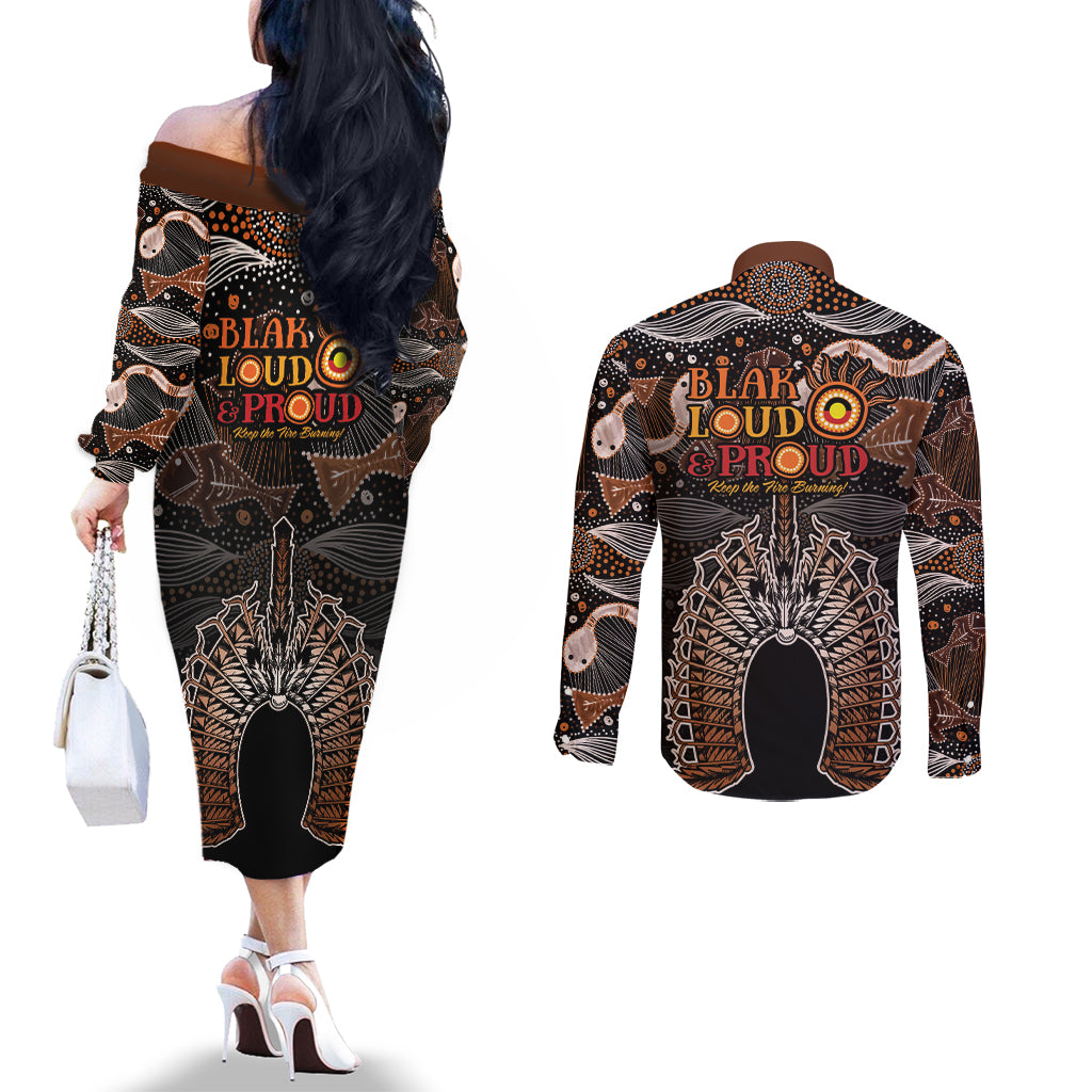 Torres Strait Islander NAIDOC 2024 Couples Matching Off The Shoulder Long Sleeve Dress and Long Sleeve Button Shirt Dhari Headdress Indigenous Cultural Spirit