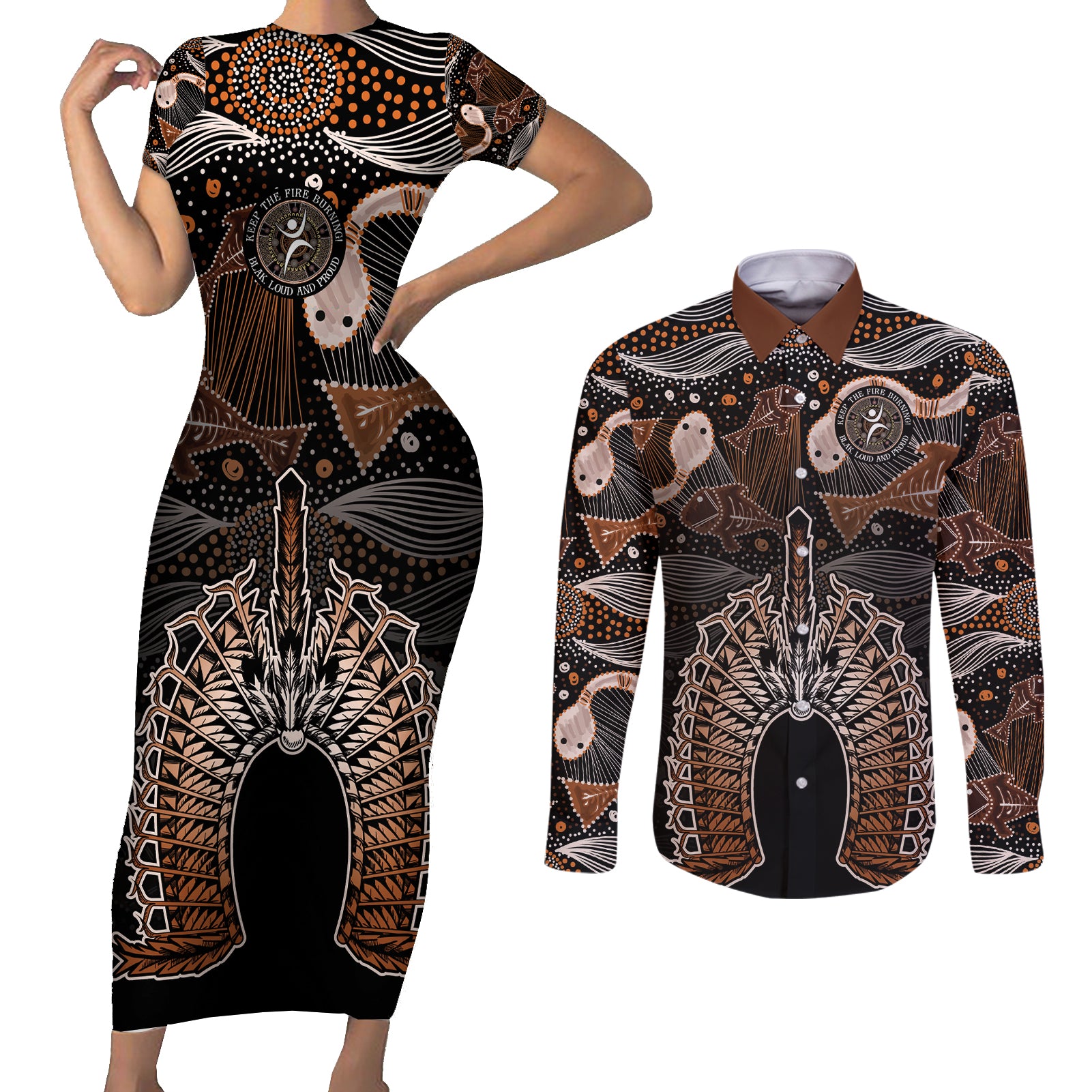 Torres Strait Islander NAIDOC 2024 Couples Matching Short Sleeve Bodycon Dress and Long Sleeve Button Shirt Dhari Headdress Indigenous Cultural Spirit