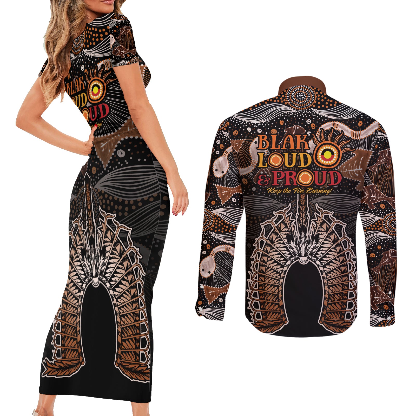 Torres Strait Islander NAIDOC 2024 Couples Matching Short Sleeve Bodycon Dress and Long Sleeve Button Shirt Dhari Headdress Indigenous Cultural Spirit