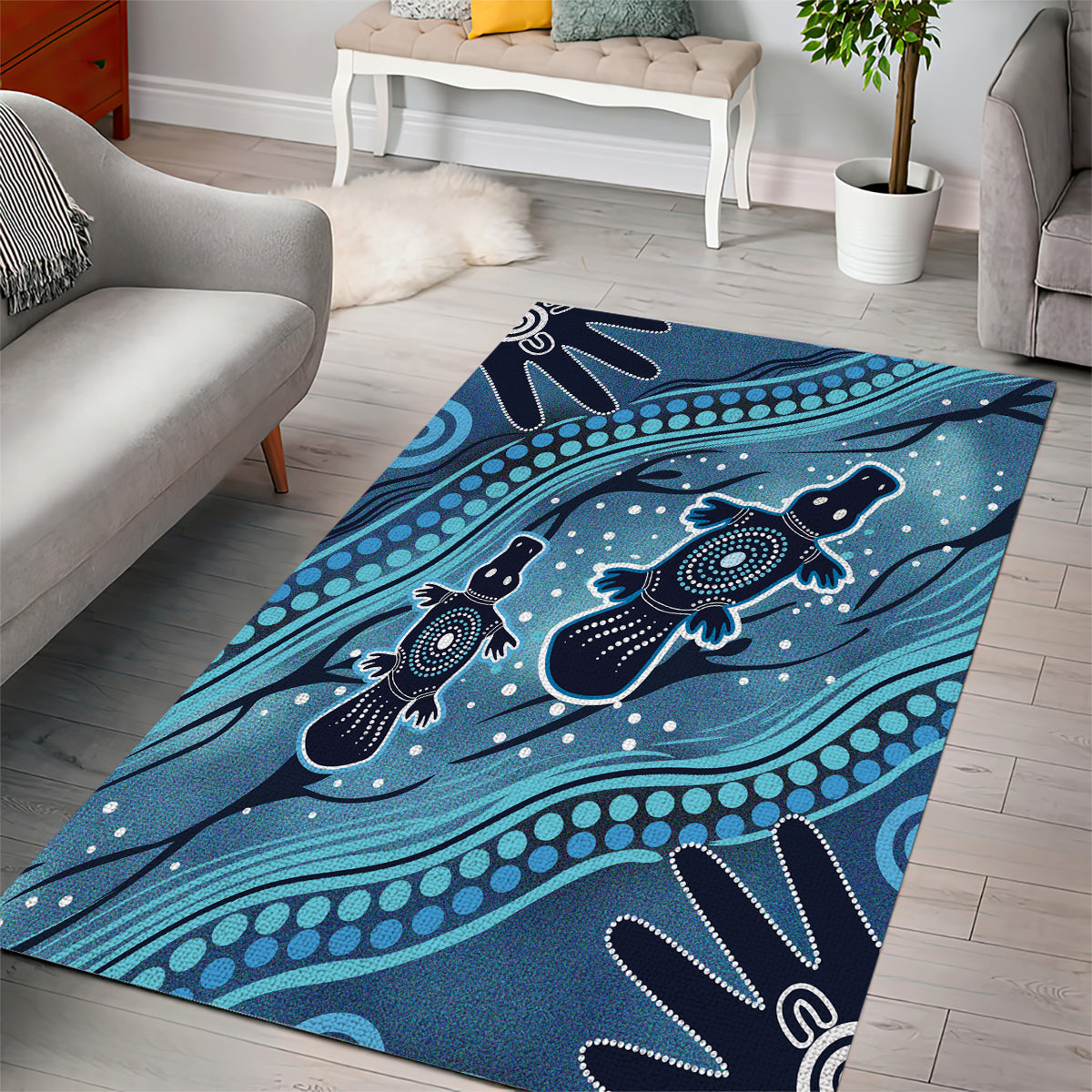 Aboriginal Dots Art Painting with Platypus Area Rug No 1 - Vibe Hoodie Shop