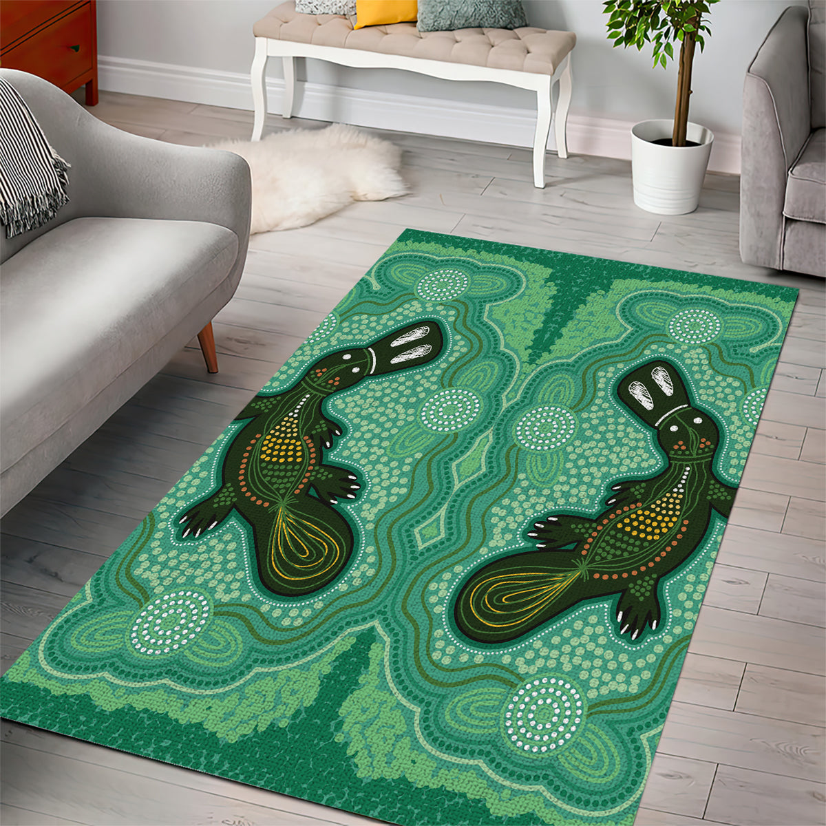 Aboriginal Dots Art Painting with Platypus Area Rug No 2 - Vibe Hoodie Shop