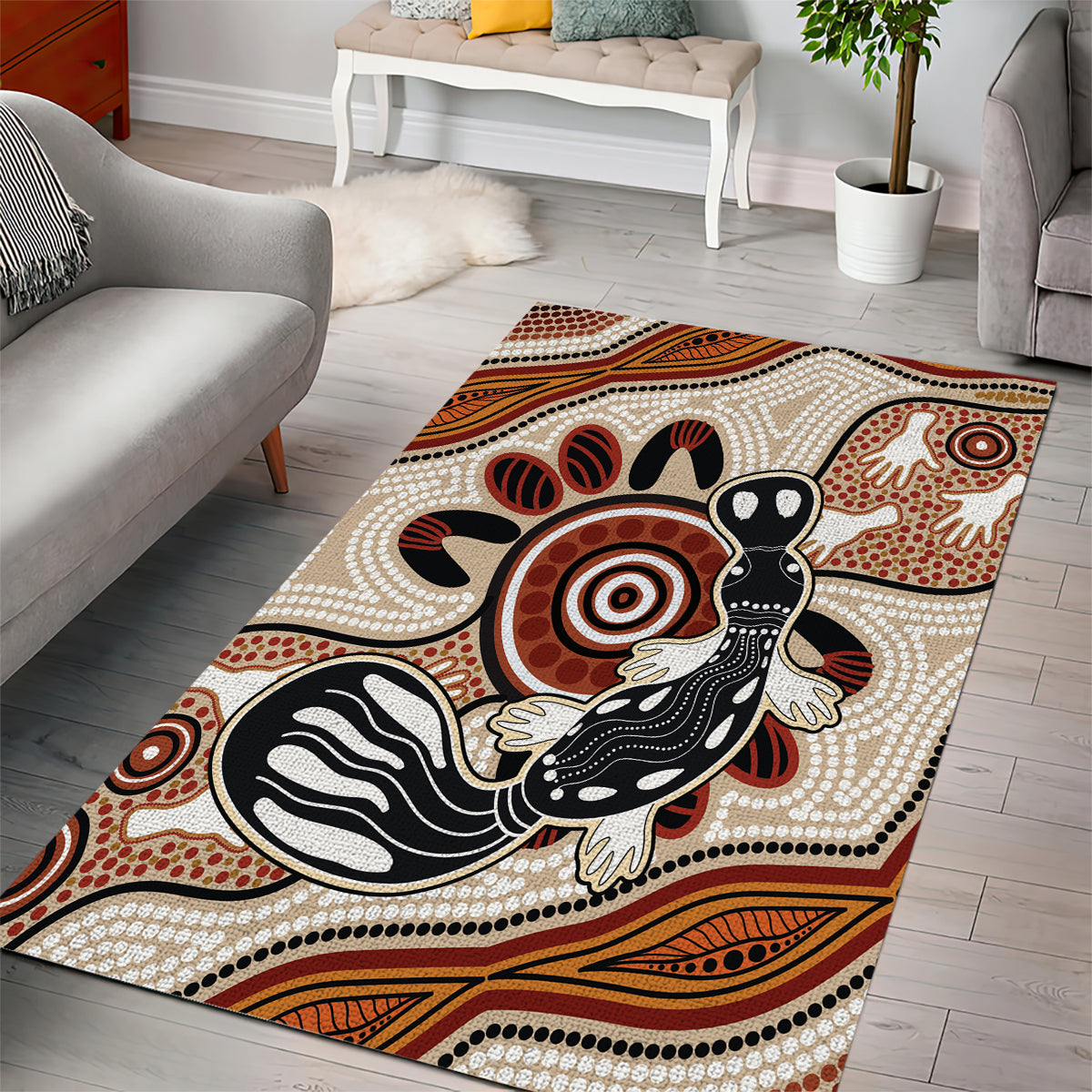 Aboriginal Dots Art Painting with Platypus Area Rug No 3 - Vibe Hoodie Shop