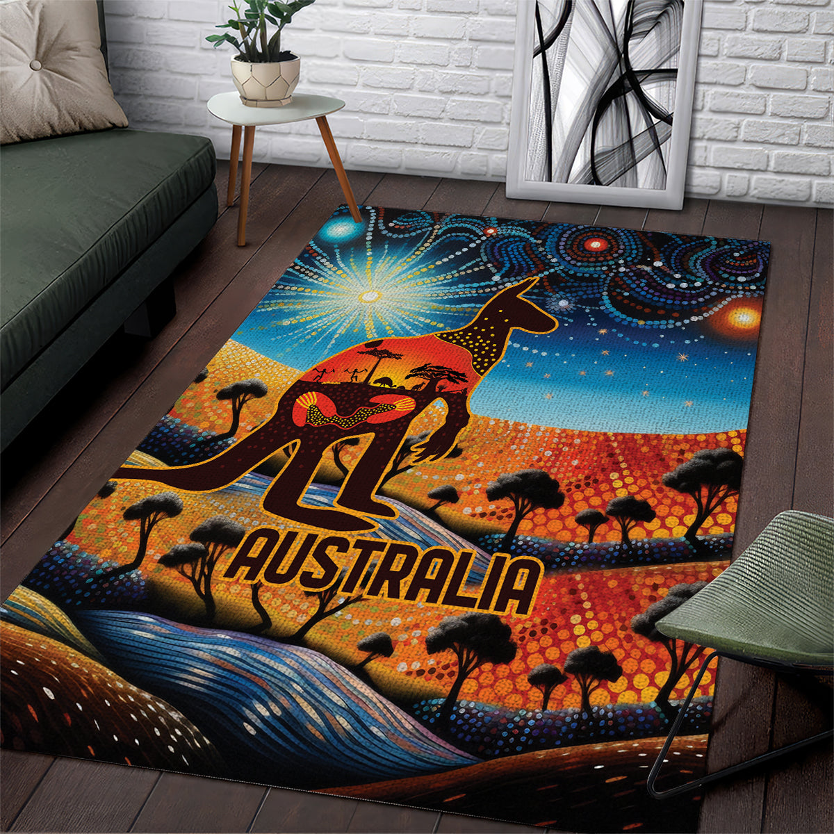 Aboriginal Dots Stary Sky With Kangaroo Area Rug - Vibe Hoodie Shop