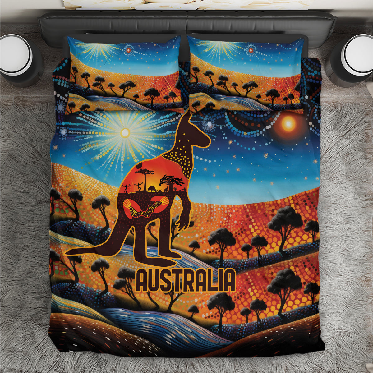 Aboriginal Dots Stary Sky With Kangaroo Bedding Set - Vibe Hoodie Shop