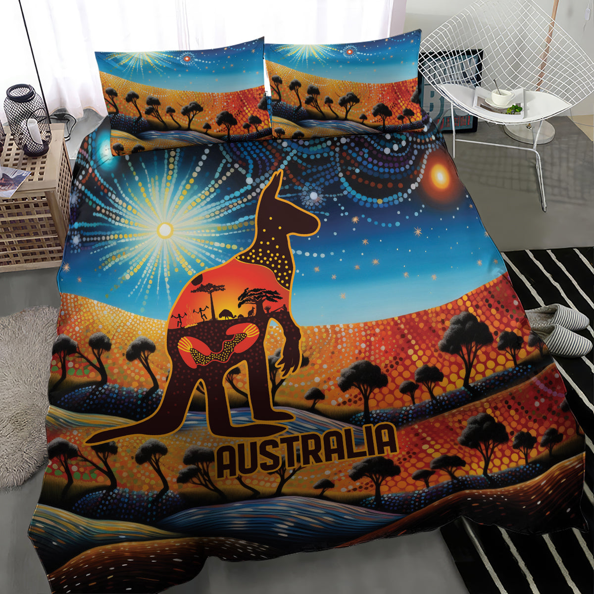 Aboriginal Dots Stary Sky With Kangaroo Bedding Set - Vibe Hoodie Shop