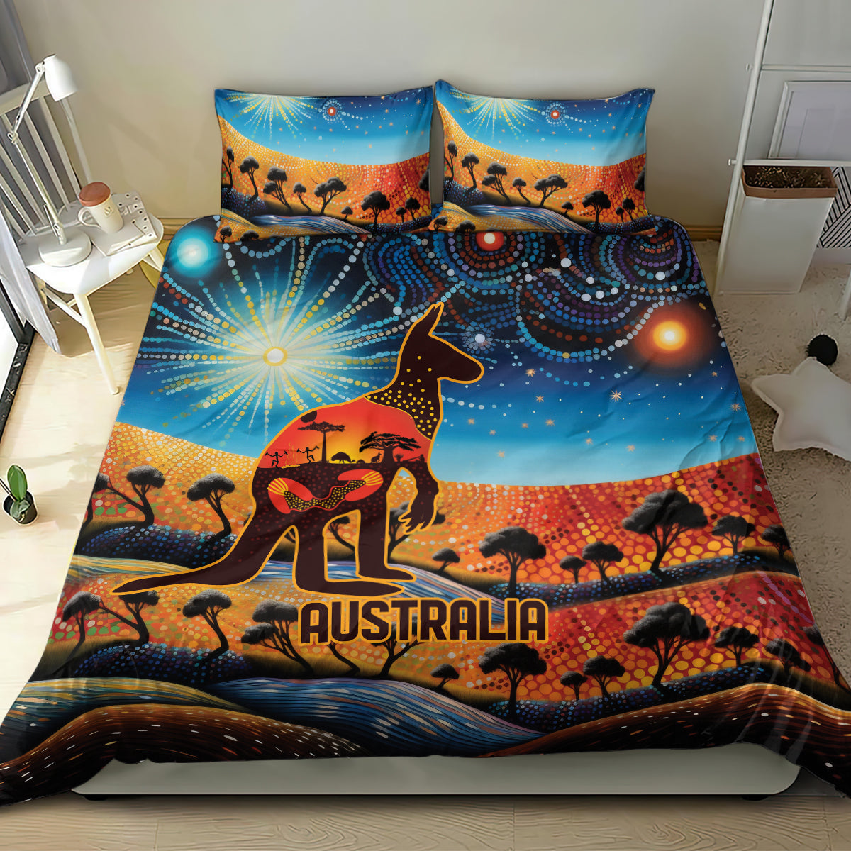 Aboriginal Dots Stary Sky With Kangaroo Bedding Set - Vibe Hoodie Shop