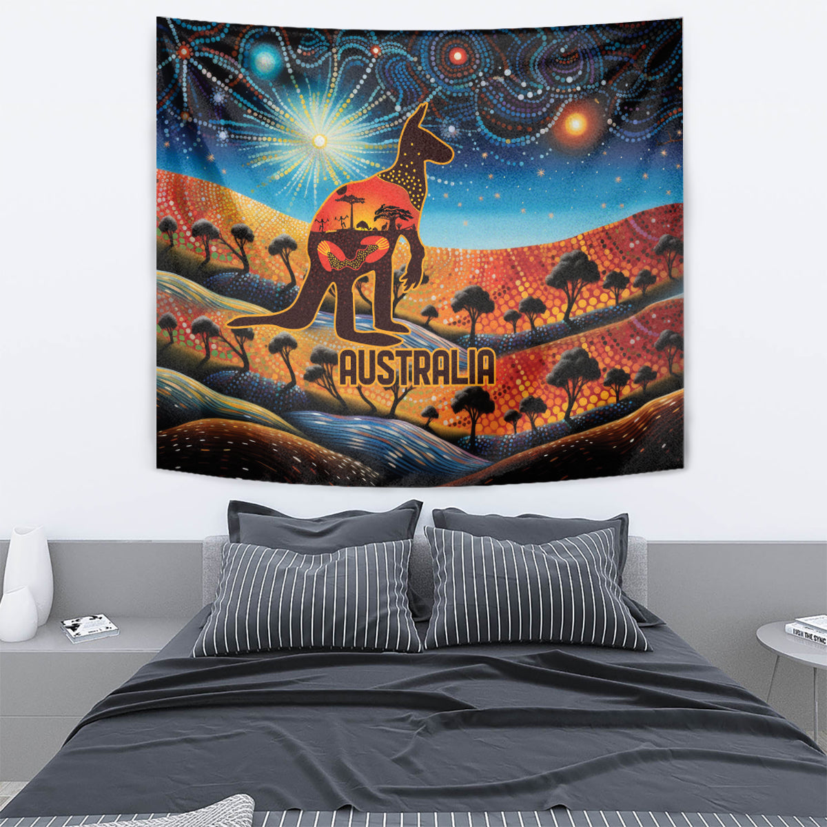 Aboriginal Dots Stary Sky With Kangaroo Tapestry - Vibe Hoodie Shop