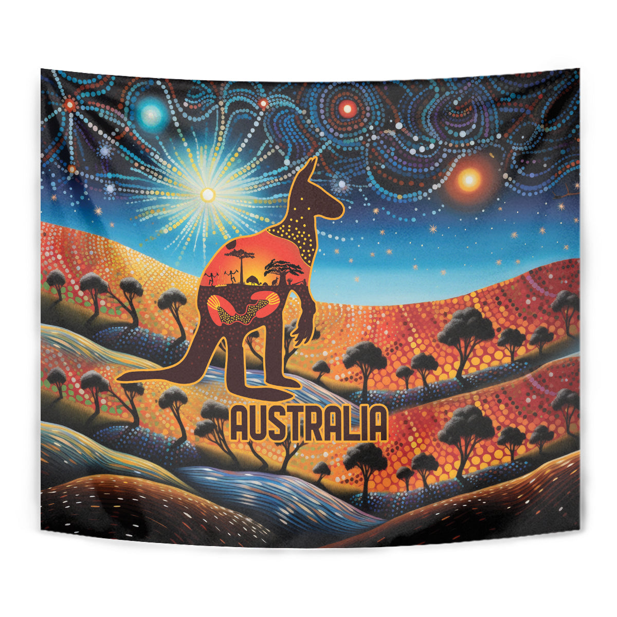 Aboriginal Dots Stary Sky With Kangaroo Tapestry - Vibe Hoodie Shop