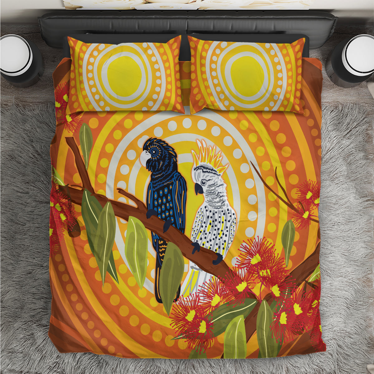 Black and White Cockatoo Birds Aboriginal Art Bedding Set - Vibe Hoodie Shop