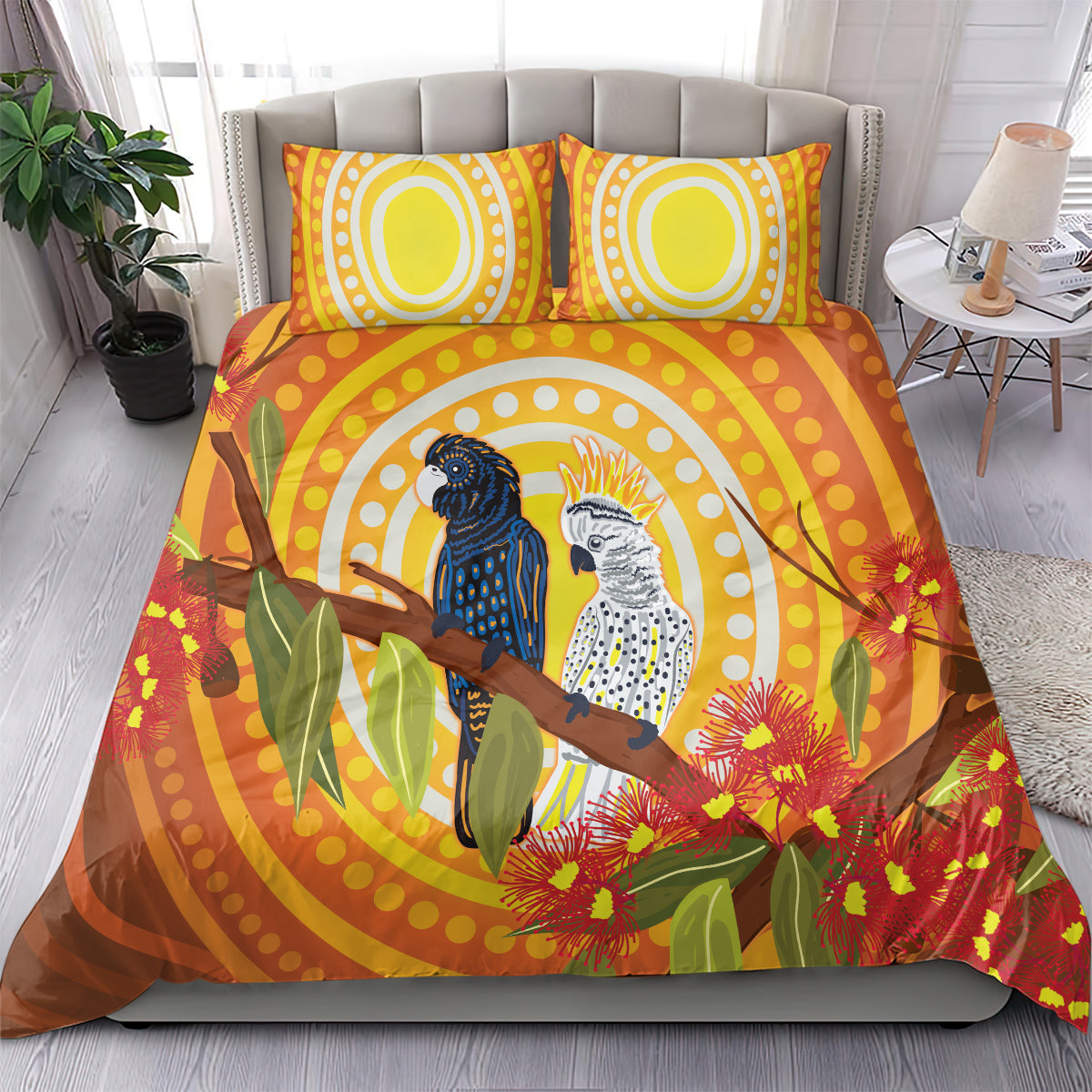 Black and White Cockatoo Birds Aboriginal Art Bedding Set - Vibe Hoodie Shop