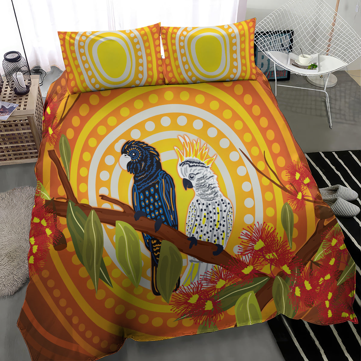 Black and White Cockatoo Birds Aboriginal Art Bedding Set - Vibe Hoodie Shop