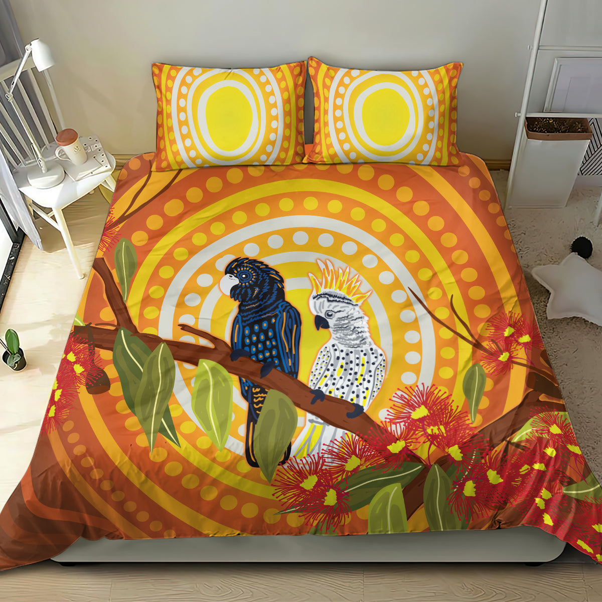 Black and White Cockatoo Birds Aboriginal Art Bedding Set - Vibe Hoodie Shop