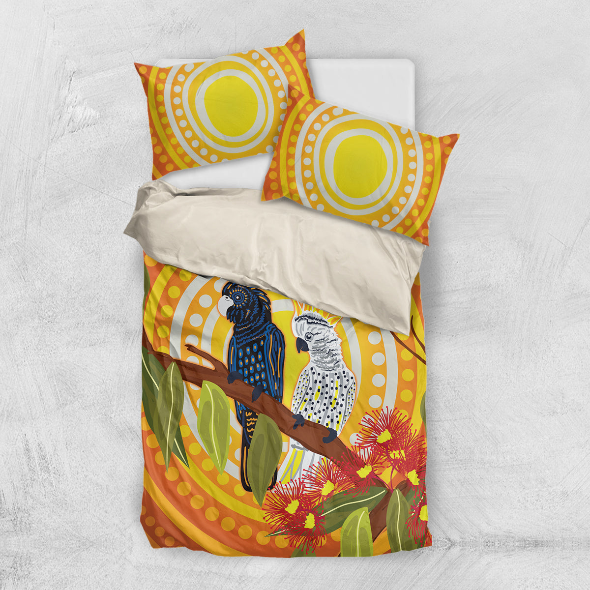 Black and White Cockatoo Birds Aboriginal Art Bedding Set - Vibe Hoodie Shop
