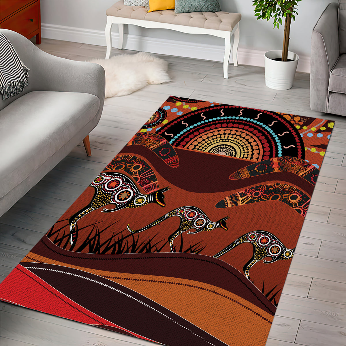 Bomerang and Kangaroo Aboriginal Art Area Rug - Vibe Hoodie Shop