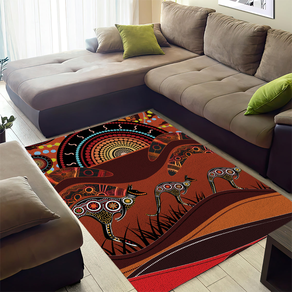 Bomerang and Kangaroo Aboriginal Art Area Rug - Vibe Hoodie Shop