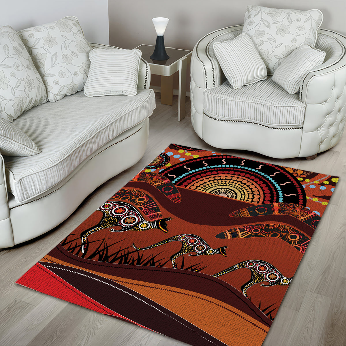 Bomerang and Kangaroo Aboriginal Art Area Rug - Vibe Hoodie Shop