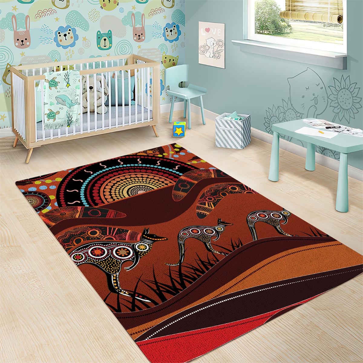 Bomerang and Kangaroo Aboriginal Art Area Rug - Vibe Hoodie Shop