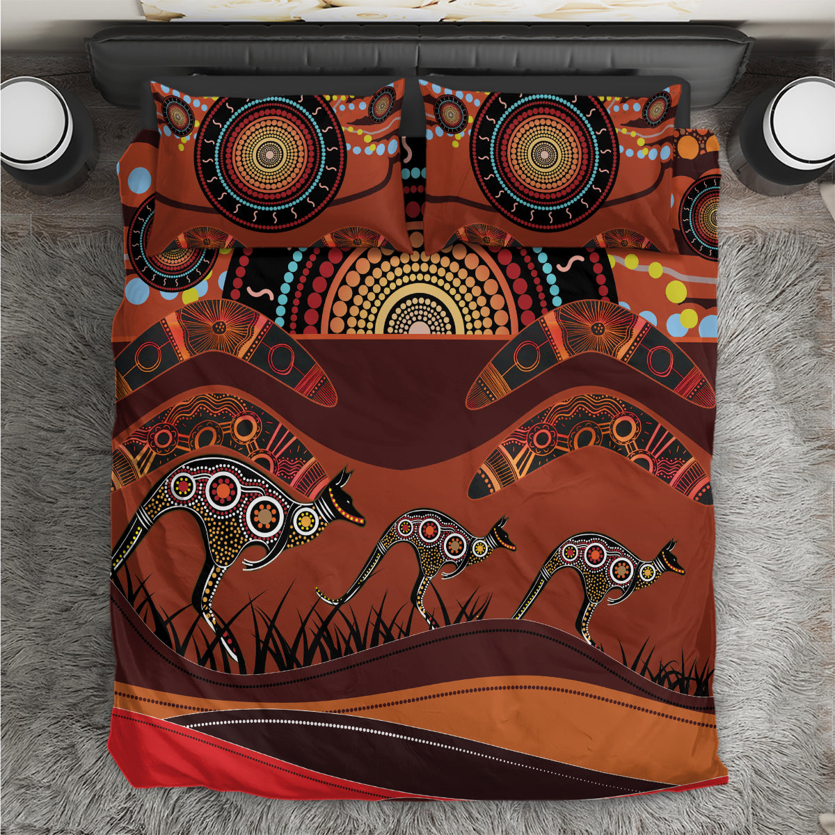 Bomerang and Kangaroo Aboriginal Art Bedding Set - Vibe Hoodie Shop