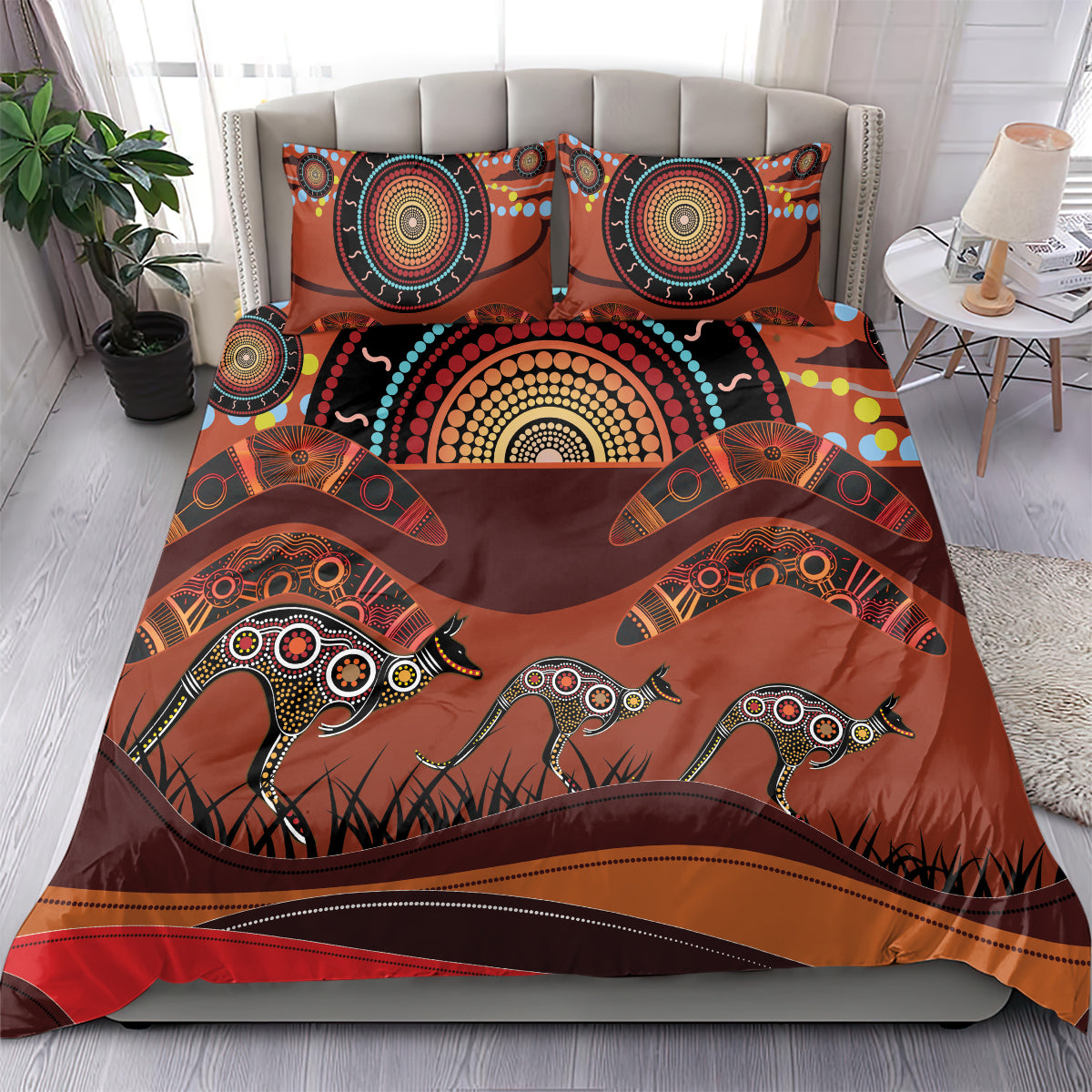 Bomerang and Kangaroo Aboriginal Art Bedding Set - Vibe Hoodie Shop