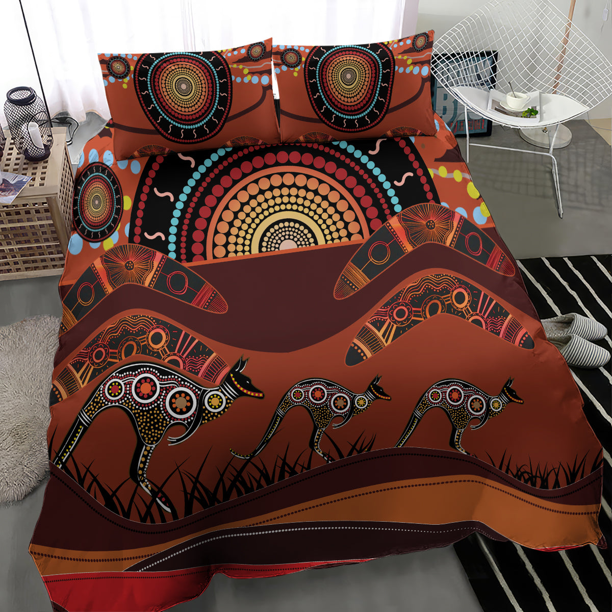 Bomerang and Kangaroo Aboriginal Art Bedding Set - Vibe Hoodie Shop