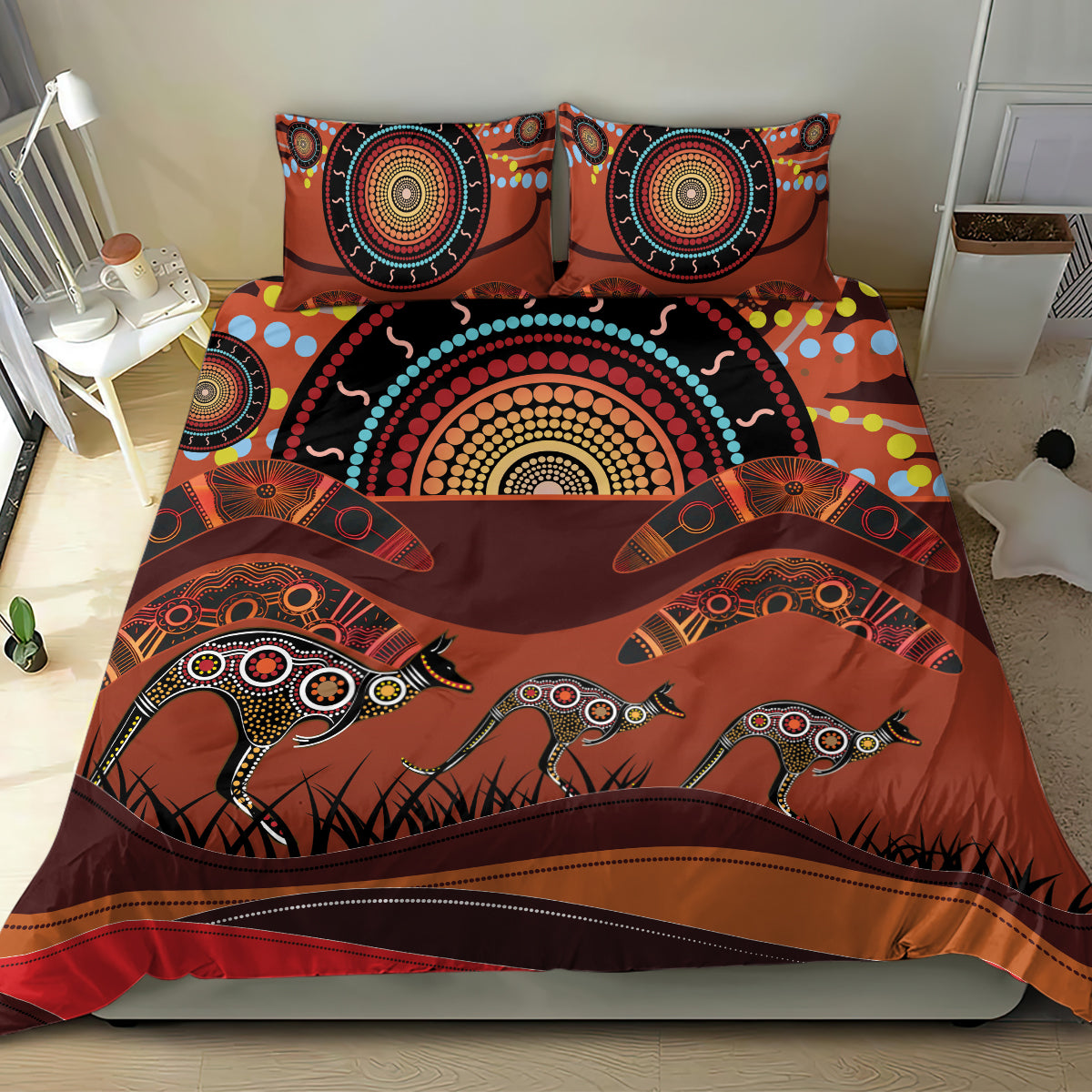 Bomerang and Kangaroo Aboriginal Art Bedding Set - Vibe Hoodie Shop