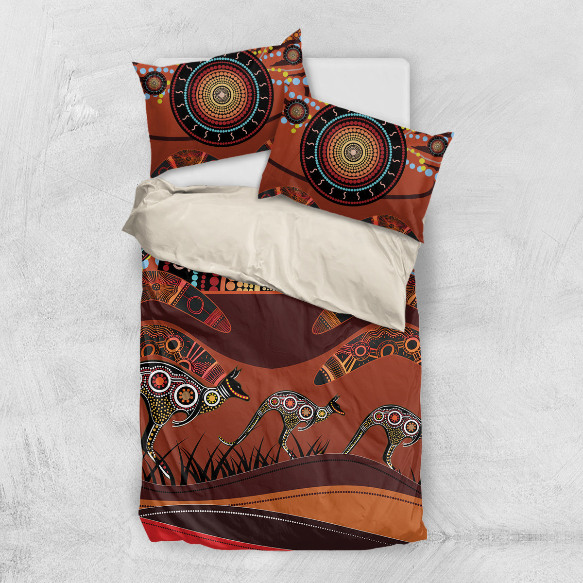 Bomerang and Kangaroo Aboriginal Art Bedding Set - Vibe Hoodie Shop