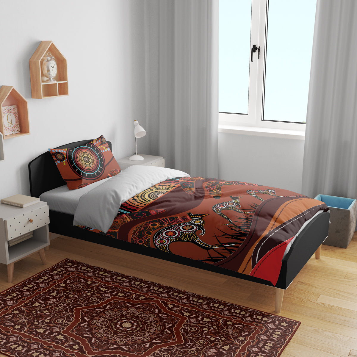 Bomerang and Kangaroo Aboriginal Art Bedding Set - Vibe Hoodie Shop