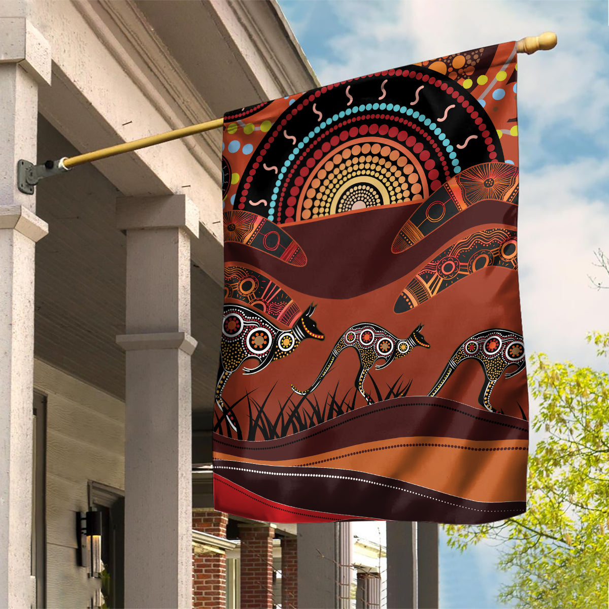 Bomerang and Kangaroo Aboriginal Art Garden Flag - Vibe Hoodie Shop