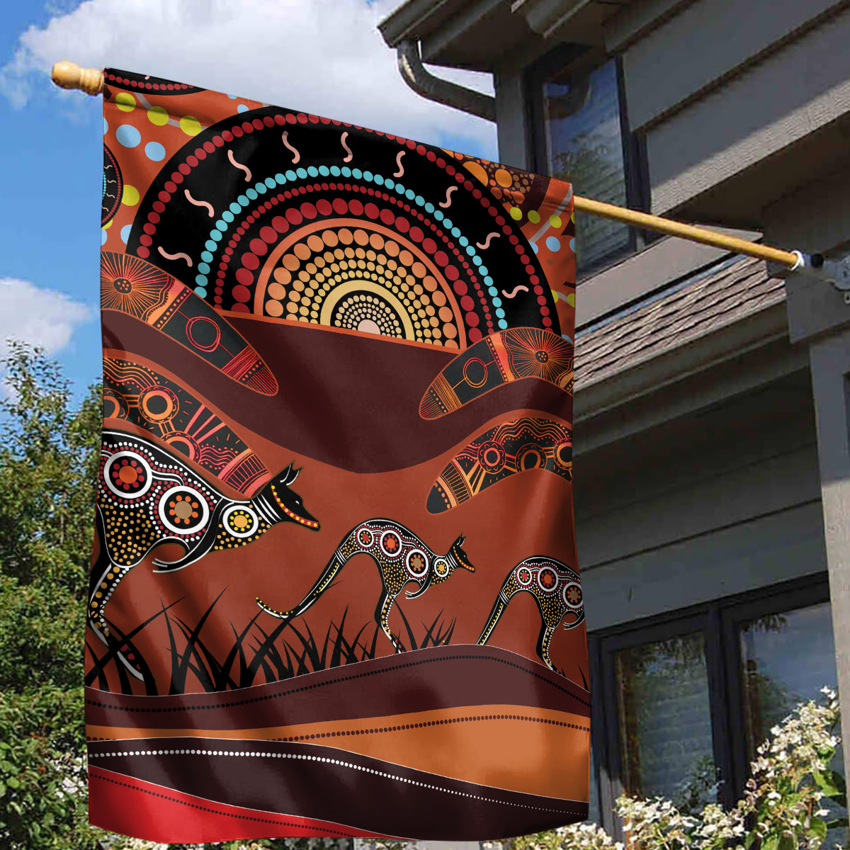 Bomerang and Kangaroo Aboriginal Art Garden Flag - Vibe Hoodie Shop