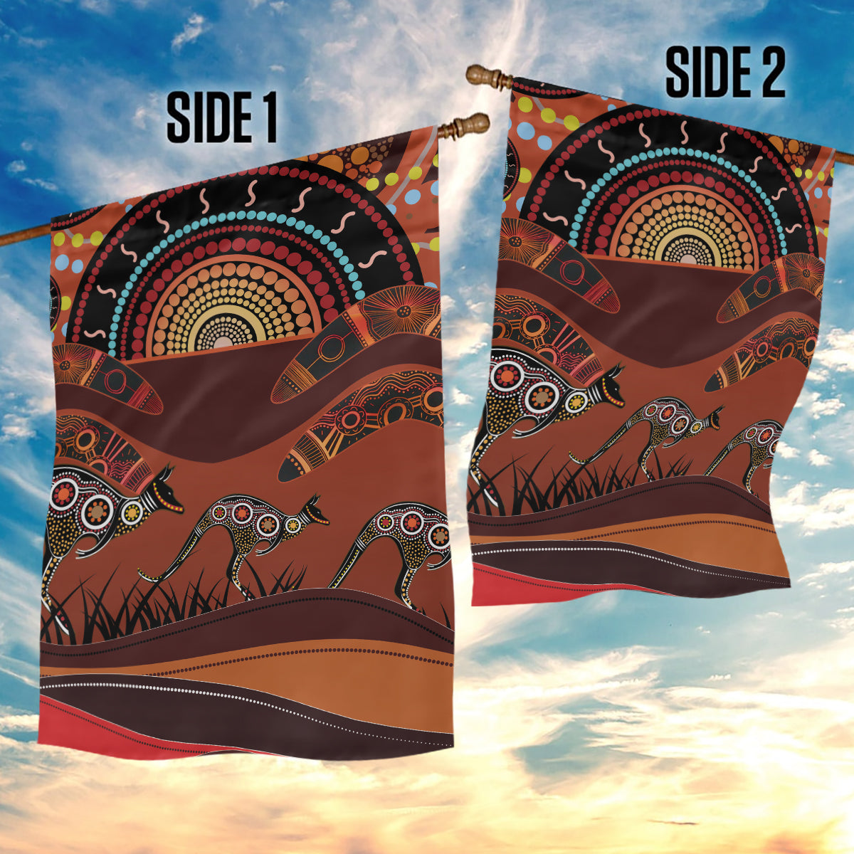 Bomerang and Kangaroo Aboriginal Art Garden Flag - Vibe Hoodie Shop