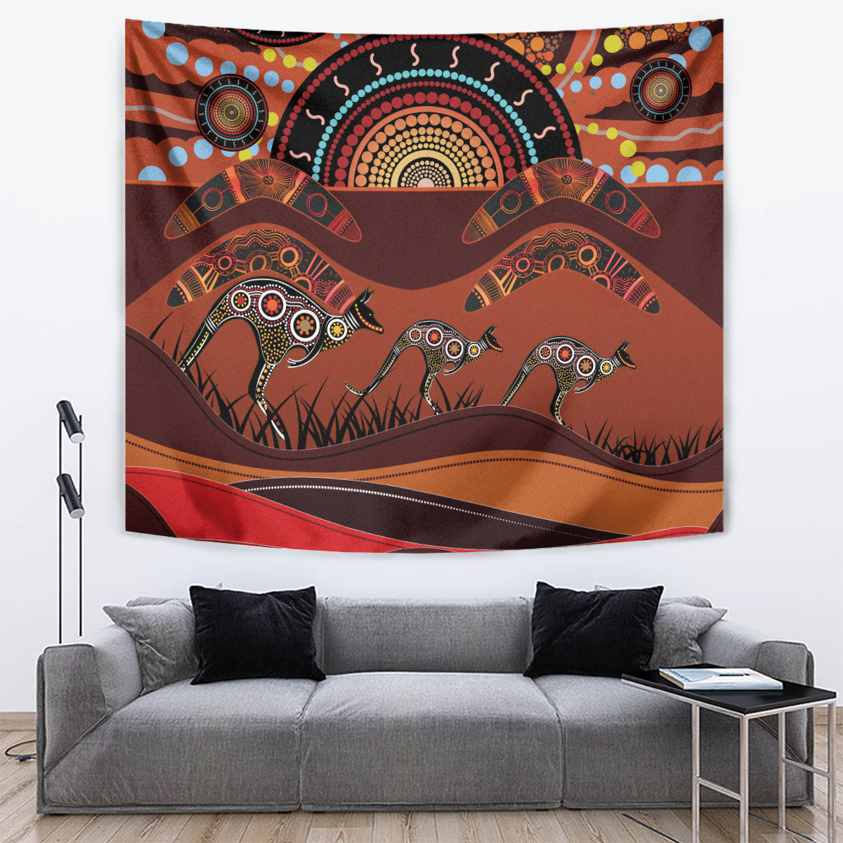 Bomerang and Kangaroo Aboriginal Art Tapestry - Vibe Hoodie Shop