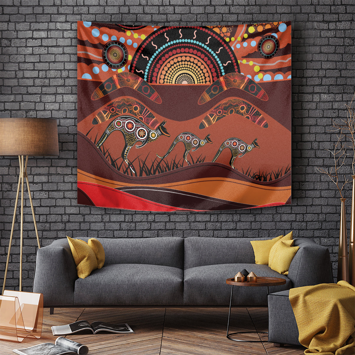 Bomerang and Kangaroo Aboriginal Art Tapestry - Vibe Hoodie Shop